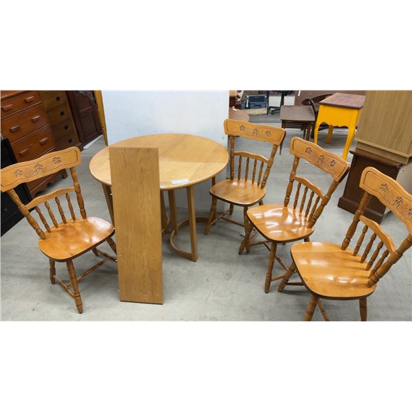 Oak Round Dining Table with Leaf and Four Spindle Back Chairs