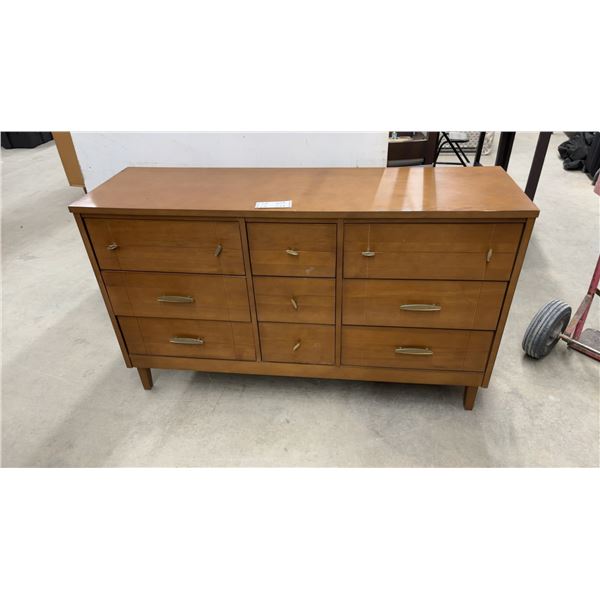 Mid-Century Modern Nine-Drawer Wooden Dresser with Brass Handles 54 x 16 x 32