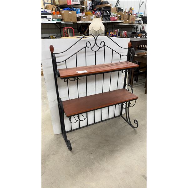 Wrought Iron and Wood Two-Tier Bakers Rack with Wine Bottle Storage 49 x 39-1/2 x 15