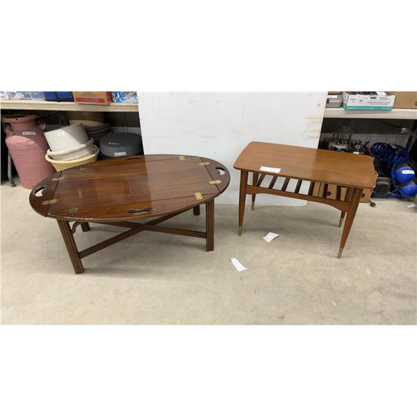 Butler's Tray Coffee Table with Brass Hinges and Mid-Century Modern Side Table