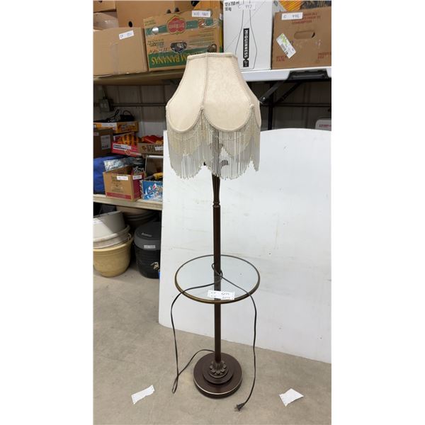 Victorian-Style Floor Lamp with Fringed Shade and Glass Tray Table 60"