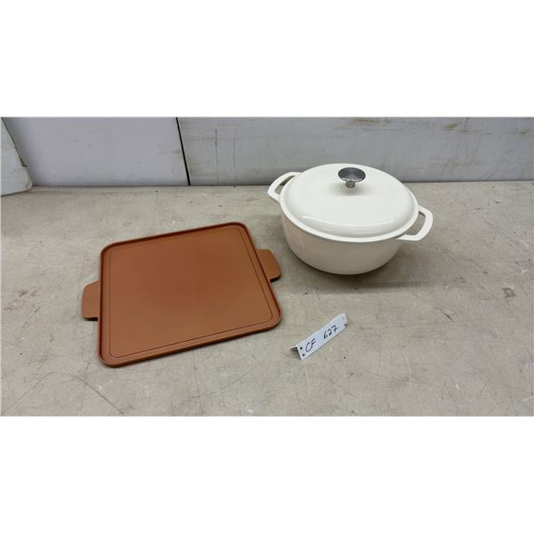 Copper Chef 12" Square Griddle and White Enameled Cast Iron Dutch Oven with Lid