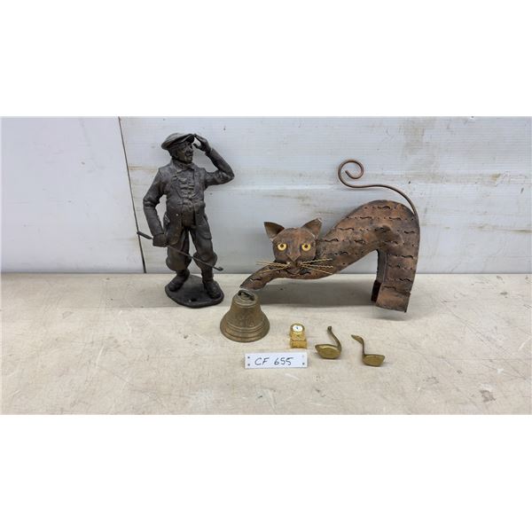 Vintage Bronze Golfer Statue, Copper Cat Sculpture, Brass Bell, and More