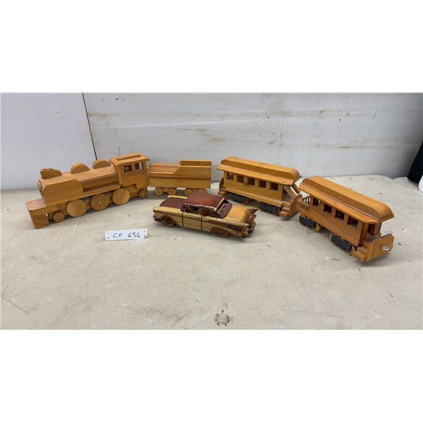 Handcrafted Wooden Toy Train Set with Locomotive 5 1/2 x 14 x 2 3/4" Passenger Cars, and Model Car