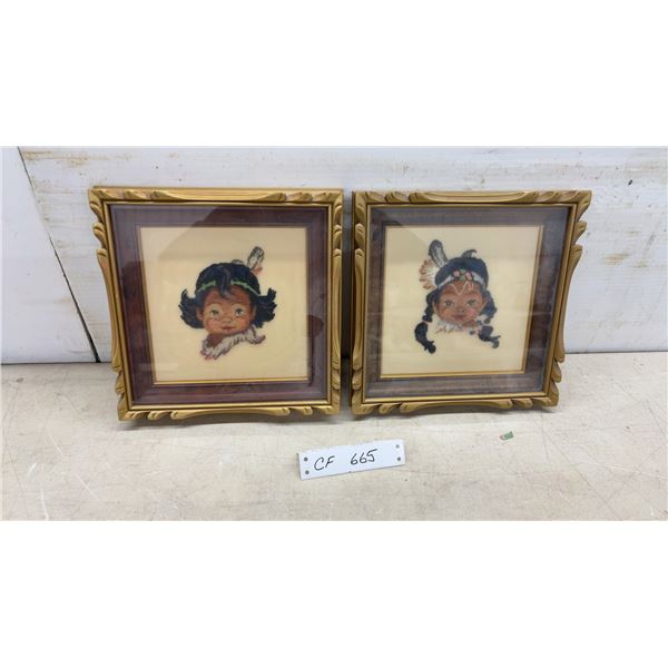 Pair of Framed Native American Children Needlepoint Cross-Stitch Portraits, 9 1/2 x 9 1/2"