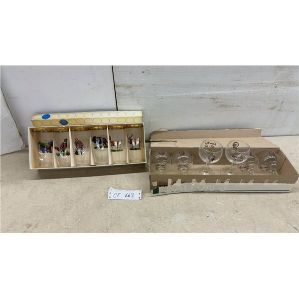 Vintage Game Bird Highball Glasses with Gold Rim and Louis Riel Commemorative Wine Glasses