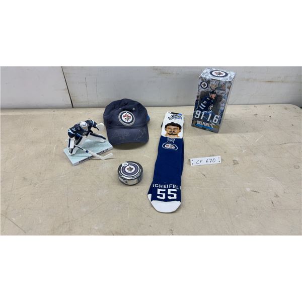 Winnipeg Jets Memorabilia Lot: Hellebuyck Figure, Perfetti Bobblehead, New Socks, Boxers and More