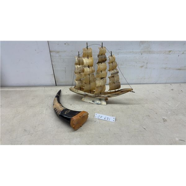 Carved Horn Sailing Ship Model 14" Tall & Decorative Horn 14" Tall