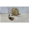 Image 1 : Carved Horn Sailing Ship Model 14" Tall & Decorative Horn 14" Tall