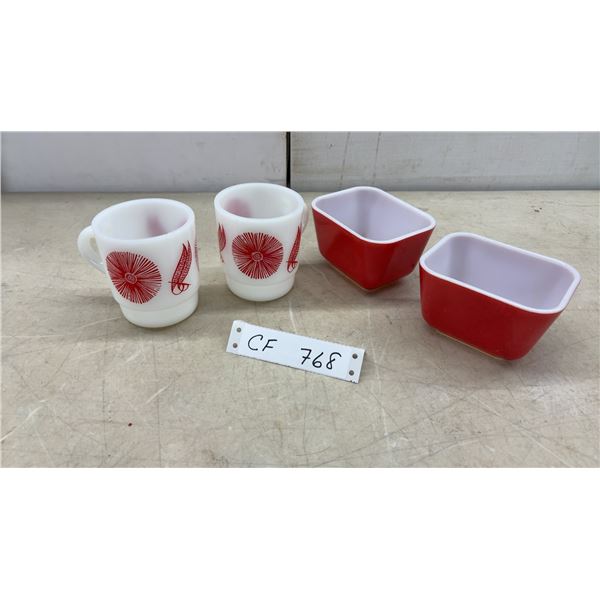 Fire-King Milk Glass Red Pheasant and Sunburst Mugs and 2 Red Pyrex Refrigerator Dishes