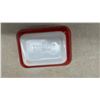 Image 7 : Fire-King Milk Glass Red Pheasant and Sunburst Mugs and 2 Red Pyrex Refrigerator Dishes