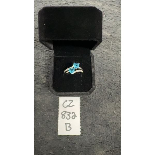 Platinum Plated 1.0 Carat Each Heart Cut Blue Simulated Diamond Double Heart Ring Size 7