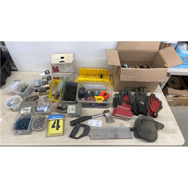 Lot of Carpentry Gear, Tape Measures, Hatchet, Hand Saw, Hardware and Gloves