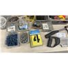 Image 7 : Lot of Carpentry Gear, Tape Measures, Hatchet, Hand Saw, Hardware and Gloves