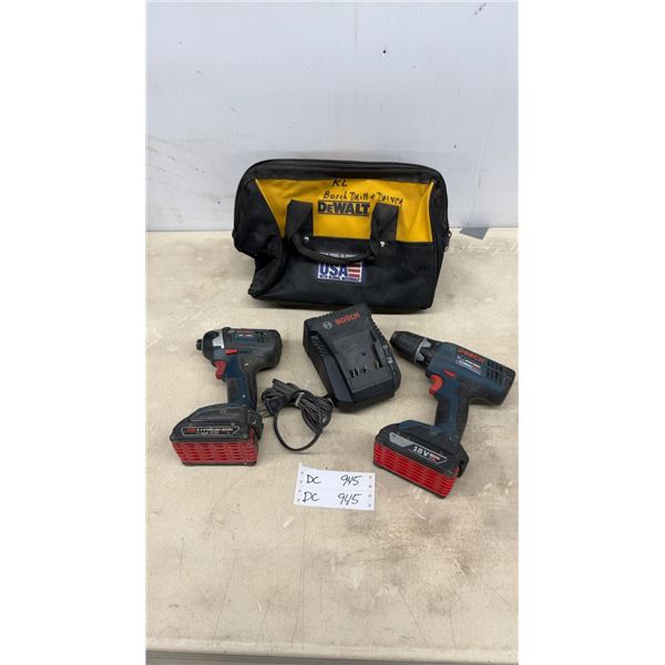 Bosch 18v Drill and Impact, 2 Batteries, Charger and DeWalt Bag