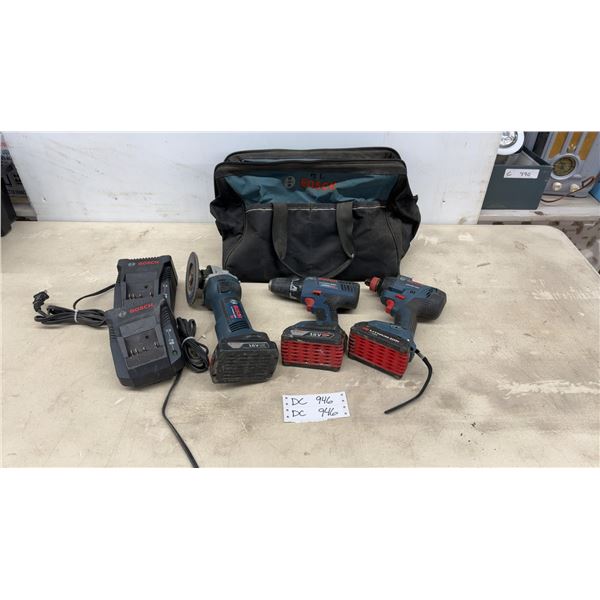 Bosch 18v Drill, Angle Grinder, Impact, 3 Batteries, 2 Chargers and Tool Bag