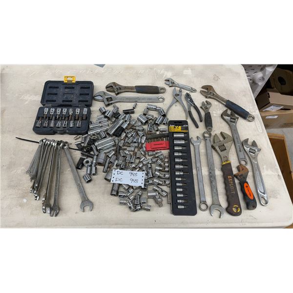 Assorted Wrenches, Sockets, Adjustable Wrenches, Pliers, and More