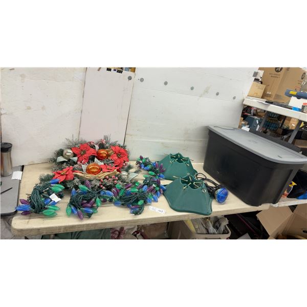 Christmas Décor Lot: Decorated Garland, String Lights, Tree Stands, Spotlight, and Scepter Storage