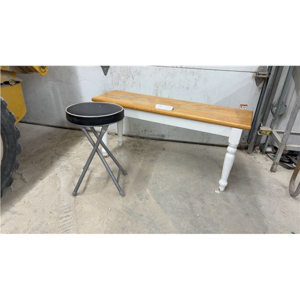 Wooden Bench with Natural Top and White Turned Legs, 18 x 40 x 12" and Black Folding Stool