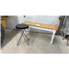 Image 1 : Wooden Bench with Natural Top and White Turned Legs, 18 x 40 x 12" and Black Folding Stool