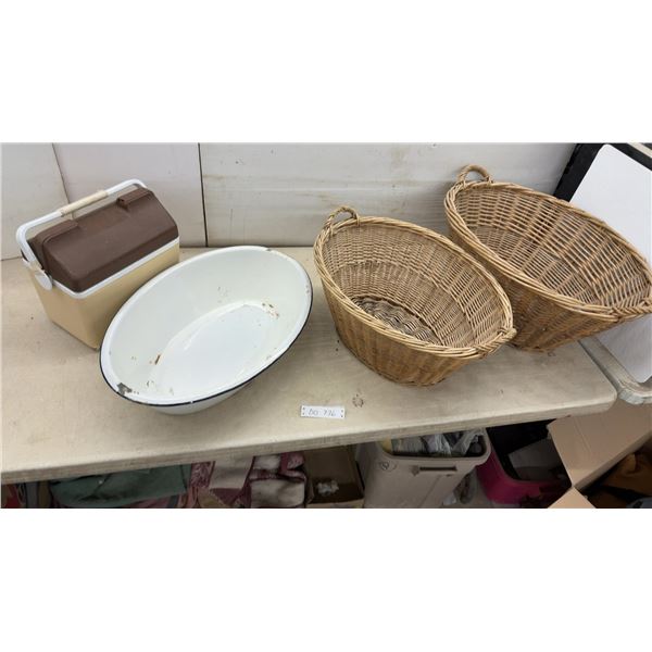 Two Hand-Woven Wicker Storage Baskets with Braided Handles, Enamel Wash Basin & Cooler
