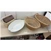 Image 1 : Two Hand-Woven Wicker Storage Baskets with Braided Handles, Enamel Wash Basin & Cooler