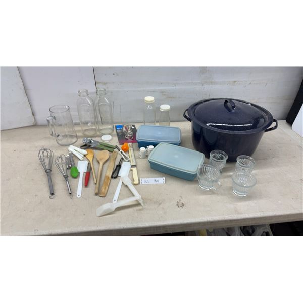 Blue Speckled Enamel Water Bath Canner with Rack, Glass Bottles, Kitchen Utensils, and More