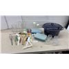 Image 1 : Blue Speckled Enamel Water Bath Canner with Rack, Glass Bottles, Kitchen Utensils, and More