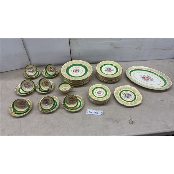 Johnson Bros. Pareek Floral Dinnerware Set with Green Band and Gold Filigree, England, 45 Pieces