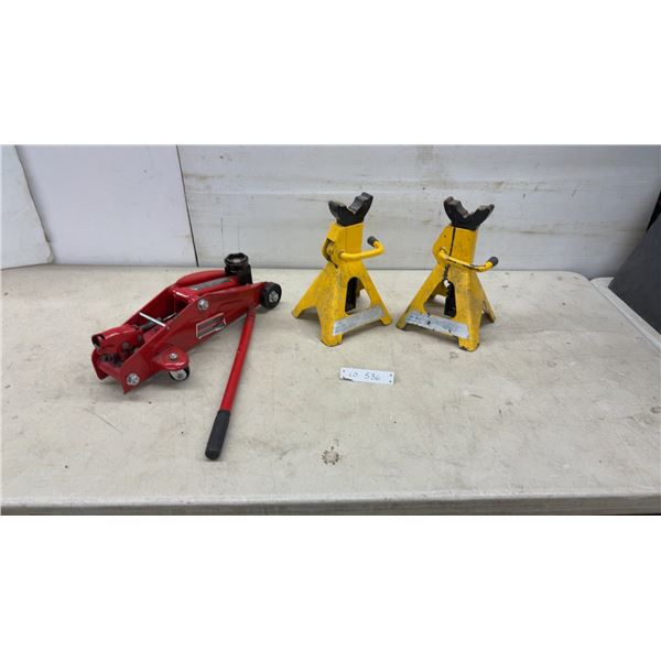Red Hydraulic Floor Jack with Pair of 3-Ton Yellow Jack Stands