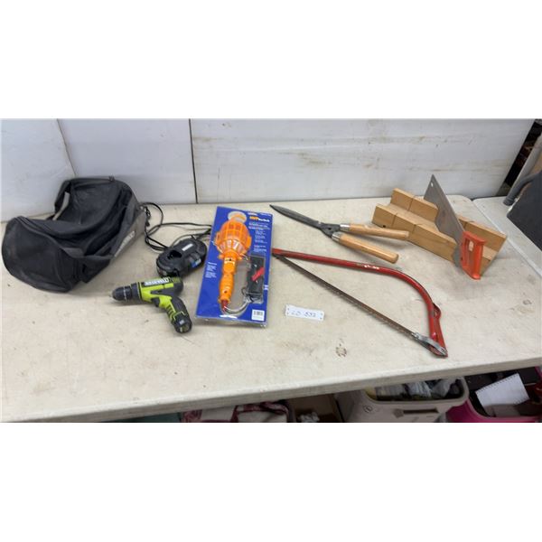 Rockwell 12V Cordless Drill, Sandvik 318 Miter Box with Back Saw, Bow Saw, Shears, and More