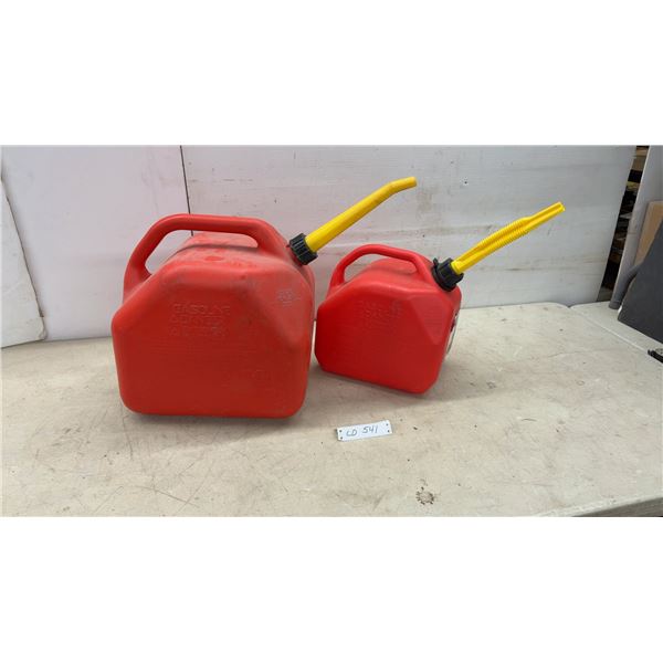 Two Red Plastic Gasoline Cans, 5.3 Gallon and 2 1/2 Gallon with Spouts