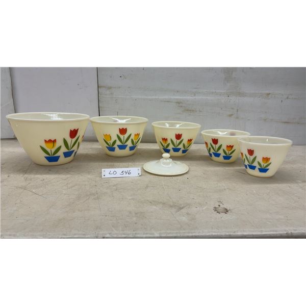 Fire-King Tulip Pattern Milk Glass Nesting Mixing Bowl Set with Lid, Five Pieces