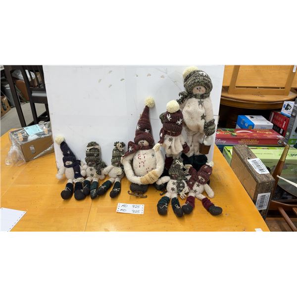 Collection of Decorative Fabric Snowman Dolls with Knitted Hats and Scarves and More