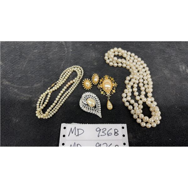 Vintage-Style Pearl Costume Jewelry Lot, Multi-Strand Necklaces, Brooches, Earrings, and More