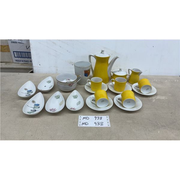 Porcelain Demitasse Set with Yellow Teapot, Cups, Saucers, Teardrop Dishes, and More