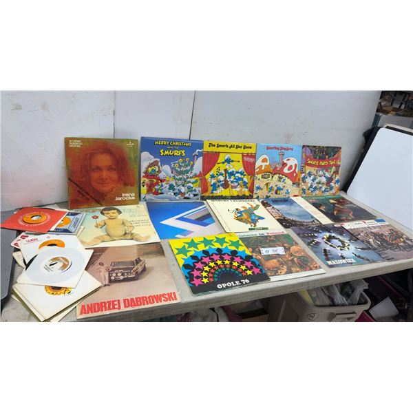 Collection of Vinyl LPs and 45s Including Smurfs, Polish Artists, Moody Blues, and More