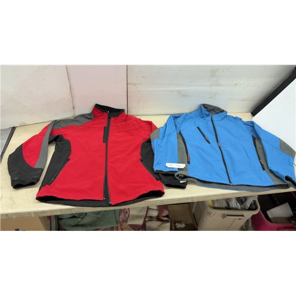 2 Men's Softshell Full-Zip Jackets, Red with Black and Grey, Blue with Grey, Sz L & XL