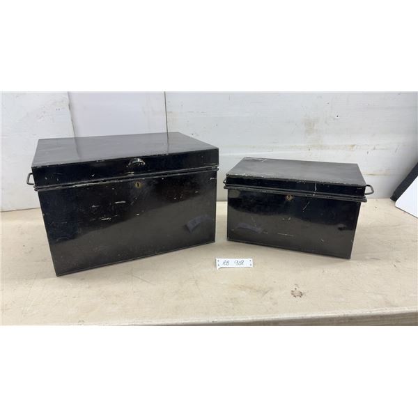 Two Vintage Black Metal Storage Boxes with Hinged Lids and Side Handles, 9 1/2 D 10 1/2 x 16 & 12 x