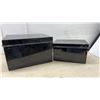 Image 3 : Two Vintage Black Metal Storage Boxes with Hinged Lids and Side Handles, 9 1/2 D 10 1/2 x 16 & 12 x