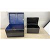 Image 5 : Two Vintage Black Metal Storage Boxes with Hinged Lids and Side Handles, 9 1/2 D 10 1/2 x 16 & 12 x