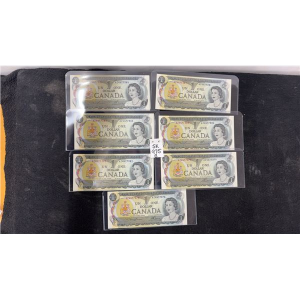 7 Uncirculated 1973 Canadian $1 Bill with Consecutive Serial No.'S