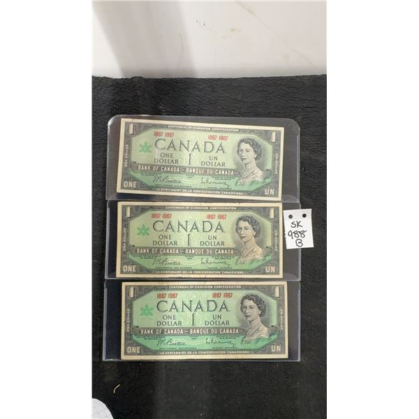 3 1967 Canada $1 Bills