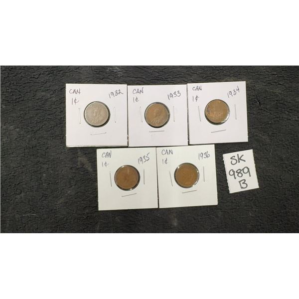 5 Canadian Pennie's 1932,33,34,35,&36