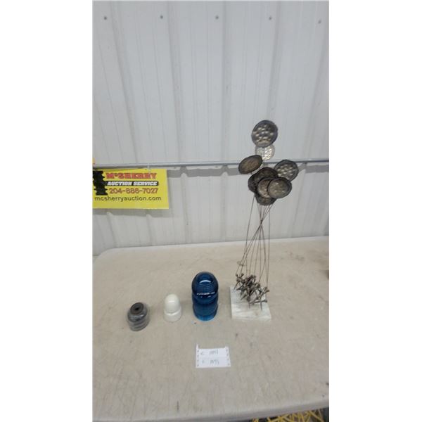 Glass Insulators, Blue Ribbed Glass Lens, and Abstract Metal Sculpture on Marble Base