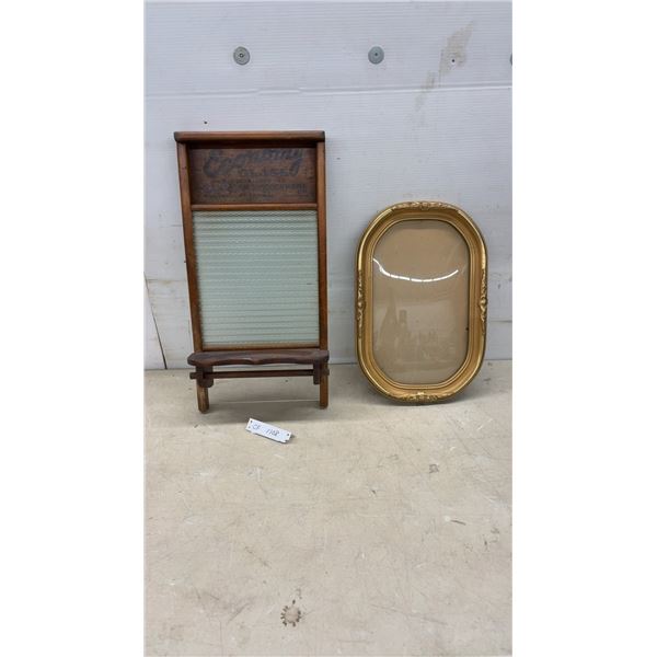 Repurposed Economy Glass Washboard Shelf 24 x 12" and Antique Oval Gilt Bevelled Glass Picture