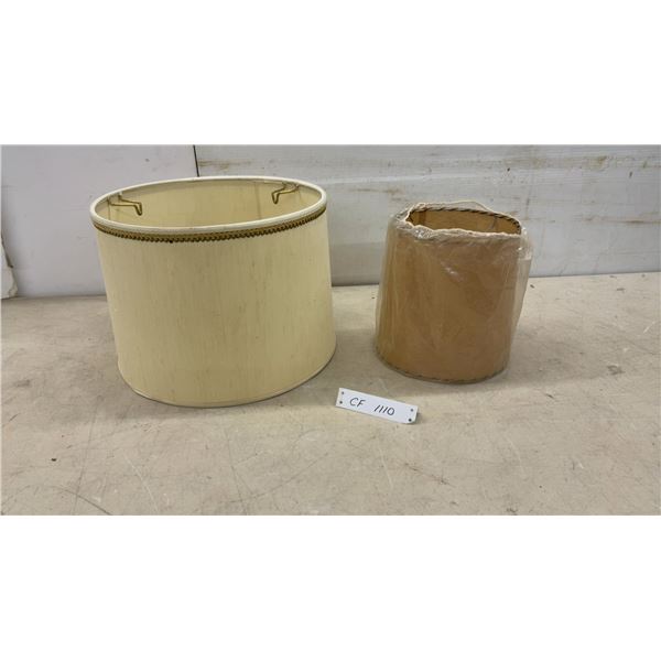 Two Drum-Style Lampshades, Cream Fabric with Gold Trim and Tan