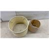 Image 2 : Two Drum-Style Lampshades, Cream Fabric with Gold Trim and Tan