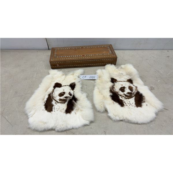 2 Panda Design Rabbit Fur Mats and Inlaid Wooden Keepsake Box
