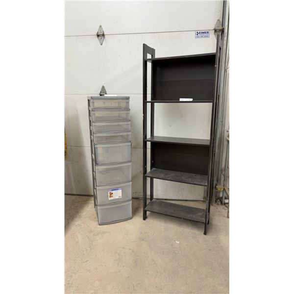 Sterilite Eight-Drawer Plastic Storage Cart and Five-Shelf Wooden Bookshelf, 65 x 24 1/2 x 9 1/2"